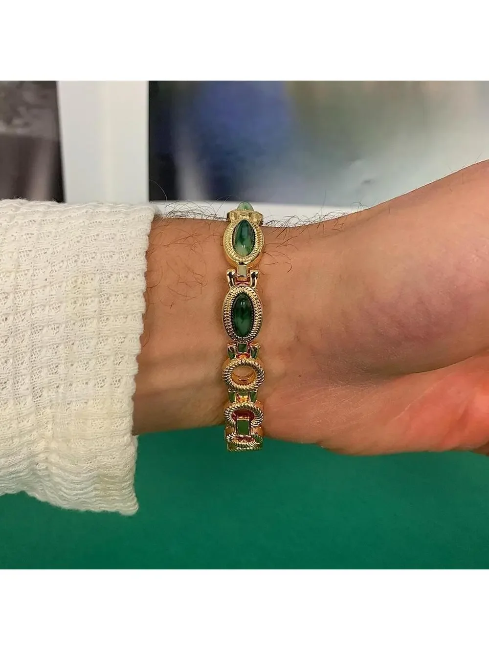 Y2K Gold Green Dainty Quartz Opal Jade Watch 8 Inch Unisex